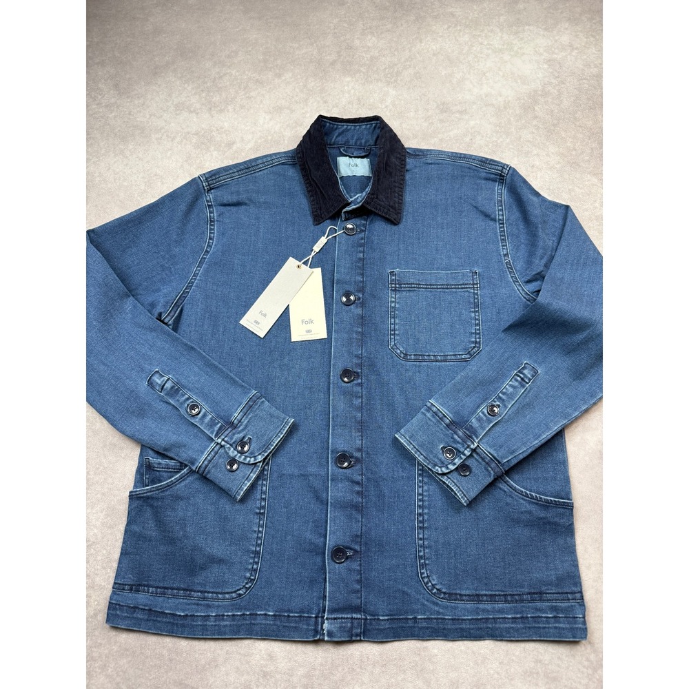 NWT Folk Denim Chore Jacket‎ Mens L Blue Corduroy Collar Utility Workwear Button